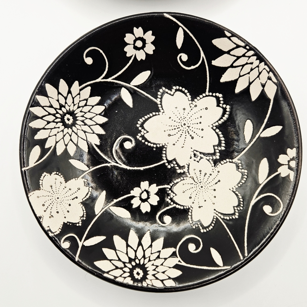 World Market Batik Floral Dip Dishes Black & Cream Stoneware Set Of 2 - Picture 3 of 6